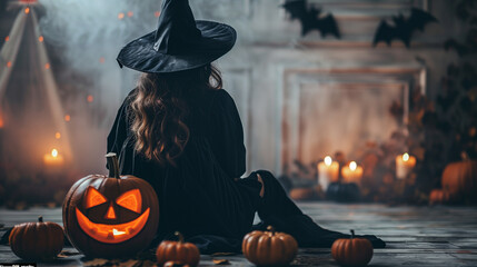 Canvas Print - halloween witch with pumpkins