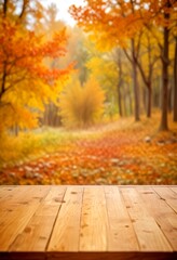 Poster - A wooden platform overlooks a vibrant autumn landscape, with trees displaying a mix of orange and yellow leaves, creating a warm and inviting atmosphere