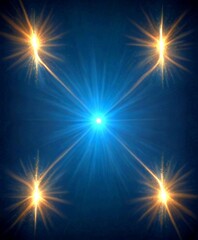Poster - a symmetrical arrangement of four bright starburst-like rays against a dark blue background, with a central bright light shining through the center