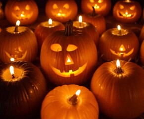Aufkleber - A collection of carved pumpkins with lit candles, arranged in a circular pattern against a dark background