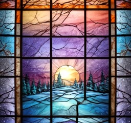Aufkleber - Stained glass window depicting a winter landscape with a full moon, pine trees, and a snowy field