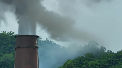 Poster - Large industrial chimney polluting the atmosphere with dark smoke over green tropical forest, concept of environmental disaster and global warming