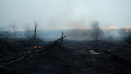 Poster - Smoke is rising from the charred remains of trees after a devastating wildfire swept through the area, leaving a trail of destruction