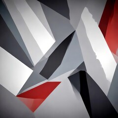 Poster - a complex arrangement of intersecting lines and shapes in shades of gray, black, and red, creating a visually striking abstract composition