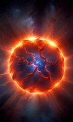 Poster - a large, fiery celestial body with a bright center surrounded by swirling clouds of orange and red hues, set against a dark, starry background