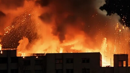 Poster - Multiple explosions sending fire and debris into the night sky as a fire rages through the roof of an apartment complex