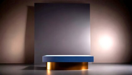 Poster - A minimalist dark blue table with a gold base stands against a dark gray wall, casting a shadow on the floor