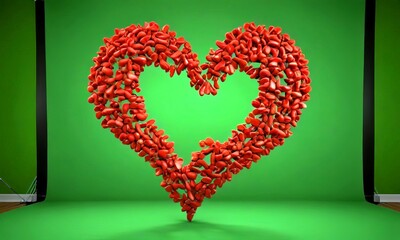 Aufkleber - A heart-shaped arrangement of red heart-shaped objects is displayed against a green background