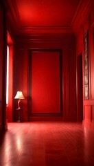 Aufkleber - a dimly lit room with red walls and a wooden floor, featuring a large red painting on the wall and a