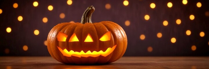 Aufkleber - A carved pumpkin with a jack-o'-lantern face sits on a wooden surface, illuminated by a warm glow, with a background of twinkling lights