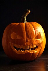 Aufkleber - A carved pumpkin with a carved face, set against a dark background