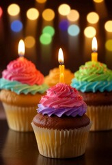 Poster - Colorful cupcakes with lit candles sit on a dark surface, with a blurred background of colorful bokeh lights