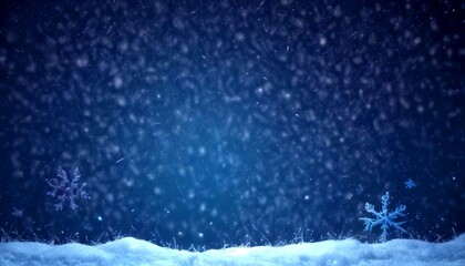 Poster - A serene winter scene with a dark blue sky, falling snowflakes, and a snowy landscape with two snowflakes in the foreground