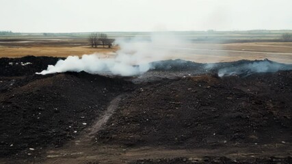Poster - Peat piled up in a field with smoke billowing out, creating an environmental disaster and raising concerns about air quality