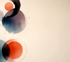 Aufkleber - Abstract Art: A series of overlapping circles in various shades of blue, orange, and black, with splatters of paint and a light beige background