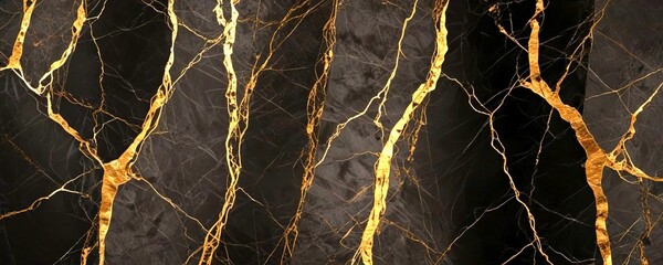 Poster - a close-up view marble surface with a dark background and a striking pattern of gold-colored lines and cracks