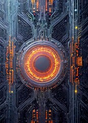 Leinwandbilder - a futuristic, cyberpunk-inspired design with a central circular element surrounded by a complex network of lines and patterns in shades of black, orange, and yellow