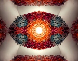 Poster - a symmetrical, kaleidoscopic pattern of intricate floral designs in shades of orange, red, and blue, creating a visually striking and vibrant composition