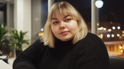 Canvas Print - Warm atmosphere and soft lighting highlight a young woman seated indoors during a cozy evening. Generative AI