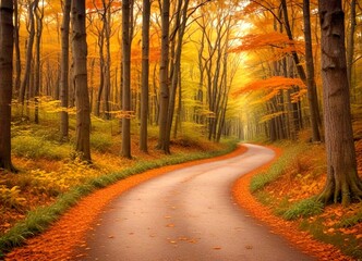 Aufkleber - A winding road through a forest of autumn-colored trees, with fallen leaves covering the ground and creating a serene atmosphere