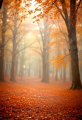 Poster - A serene autumn scene unfolds in a forest, with a path lined with orange leaves and a foggy atmosphere