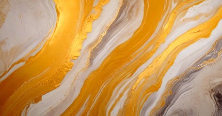 Fototapete - a close-up view marble-like surface with a swirling pattern of gold and white paint, creating a sense of movement and depth