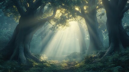 Wall Mural - mystical forest scene with ethereal light beams piercing through mist illuminating ancient trees at twilight