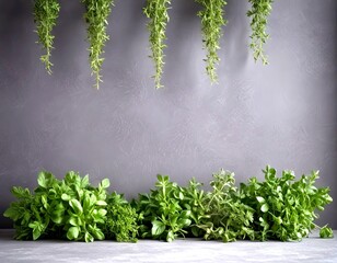 Poster - A collection of fresh green herbs and leaves arranged on a gray surface, with hanging greenery above