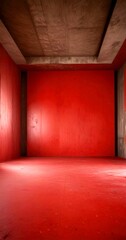 Aufkleber - a large, empty room with a red wall and a concrete ceiling The floor is made red material, and there is a single light source on the left side of the , casting a