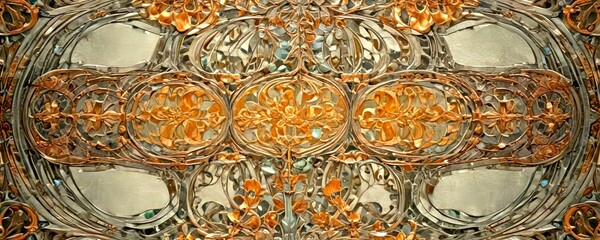 Poster - a close-up view of an ornate, intricate metalwork design The design features a repeating pattern of circular shapes, each adorned with a floral motif The metalwork is a blend