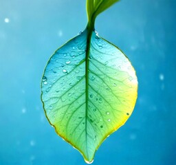 Fototapete - A close-up green leaf with water droplets, set against a blue background