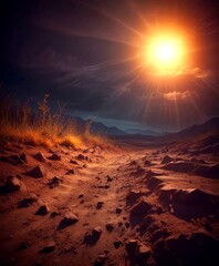 Aufkleber - A dramatic desert landscape at sunset, with a sunburst in the sky and a winding dirt path leading towards distant mountains