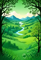 Poster - A serene landscape with a winding river, lush green hills, and majestic mountains framed by trees