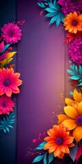 Aufkleber - a vibrant floral arrangement with pink, orange, and purple flowers, accented by green leaves, set against a purple background
