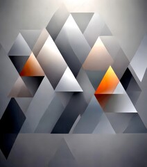 Poster - a geometric pattern composed of overlapping triangles in various shades of gray, white, and orange, creating a visually striking and abstract design