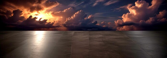 Poster - A dramatic sky with dark clouds and a bright sun peeking through, casting a warm glow over a reflective, empty concrete surface