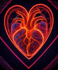 Fototapete - a heart, in a vibrant orange and purple color scheme, with intricate network-like patterns and lines surrounding it