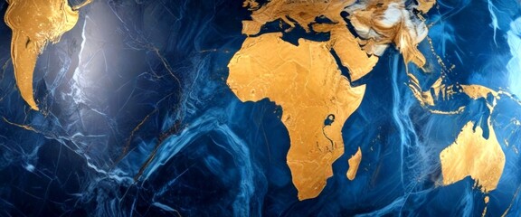 Fototapete - a detailed and realistic representation of the Earth, with the continents and oceans depicted in gold and blue hues The continents are outlined in gold,