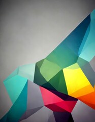 Fototapete - a geometric abstract composition with overlapping triangular shapes in various shades of green, blue, pink, and yellow, set against a gray background