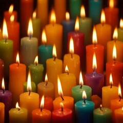 Leinwandbilder - A close-up view collection of lit candles in various colors, creating a warm and inviting atmosphere