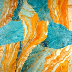 Aufkleber - a close-up view marble surface with a striking pattern of orange, blue, and white marble The marble is composed of irregularly shaped pieces, creating a sense of