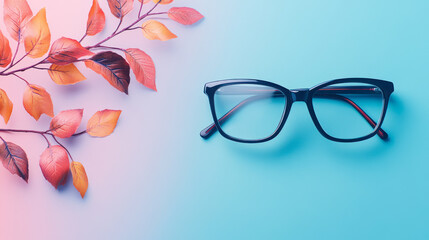 Poster - Stylish glasses in a tortoiseshell plastic frame on blue background with autumn leaves. Trendy eyewear minimal still life. Optic store discount, sale. Trendy eyewear photography. Unisex eyeglasses