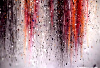 Poster - Abstract painting with a gradient of colors, featuring splashes of red, orange, and black against a gray background