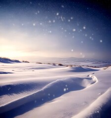 Poster - A serene winter landscape unfolds under a starry sky, with snow-covered fields and distant hills, creating a tranquil and picturesque scene
