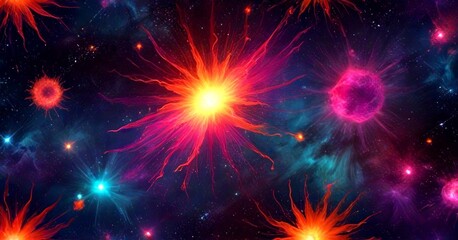 Poster - a vibrant cosmic scene with a central explosion radiating outwards, surrounded by smaller bursts of light and color The background is filled with a multitude of stars