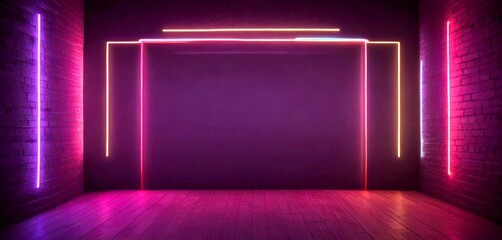 Poster - A dimly lit room with a dark background, featuring a large rectangular structure with three curved lines on either side, and a wooden floor