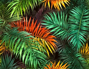 Poster - a dense, tropical forest with a variety of green, orange, and brown leaves overlapping each other, creating a vibrant and lush scene