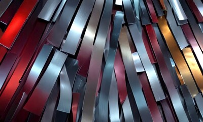 Poster - a close-up view collection of metallic strips in various shades of red, black, and silver, arranged in a diagonal pattern