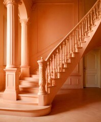 Wall Mural - A grand staircase with ornate railings and columns, set against a peach-colored wall, creating a warm and inviting atmosphere