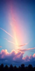 Poster - A breathtaking sunset sky, with vibrant hues of pink, orange, and blue, is framed by a serene landscape of trees and a clear blue sky